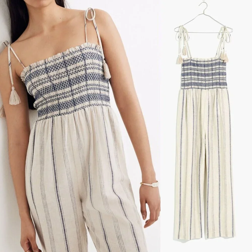 Madewell Striped Smocked Cami Jumpsuit S Cotton Linen Blend Tassel Strap Tie$138